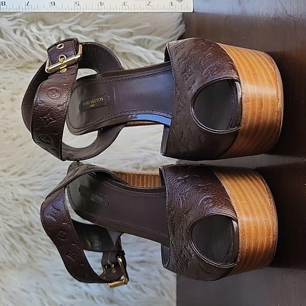 Louis Vuitton Brown Monogram Leather Platform Peep-Toe Heels with Gold Buckles